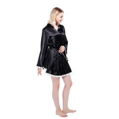 Women Black Silky Kimono Night Dress Robe