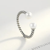 Sterling Silver 925 Twisted Rope Silver Pearl Open Finger Ring