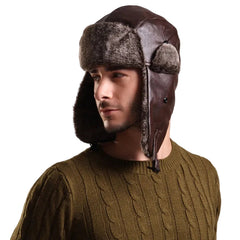 Men Winter Warm Leather Fur Russian Earflap Beanie