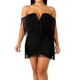 Women Elegant V Neck Off Shoulder Tassel Mini Fringe Dress