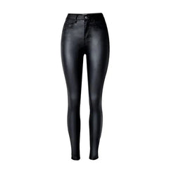 Women Casual High Waist Faux Leather Stretch Jeans