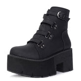 Women Black Leather Ankle Platform Boots