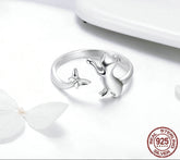 Sterling Silver 925 Butterfly Tail Cat Adjustable Ring