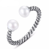 Sterling Silver 925 Twisted Rope Silver Pearl Open Finger Ring