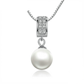 Sterling Silver 925 Simulated Pearl Pendant Necklace Long Chain Necklace