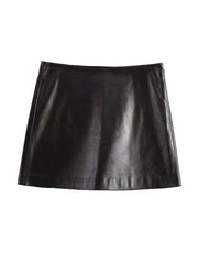Women Leather High Waist A-line Skirt Suits