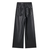 Women Casual Black Leather High Waist Wide Leg Pants