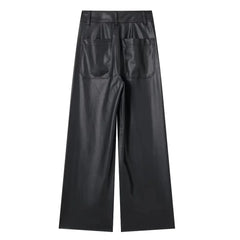 Women Casual Black Leather High Waist Wide Leg Pants