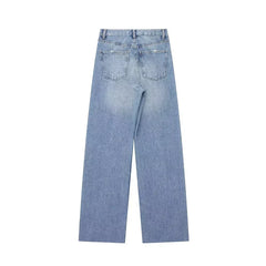 Women Blue Denim High Waist Wide Leg Ripped Jeans