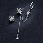 Sterling Silver 925 Women Asymmetric Star Drop CZ Stud Earrings
