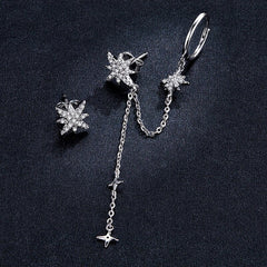 Sterling Silver 925 Women Asymmetric Star Drop CZ Stud Earrings