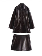 Women Leather High Waist A-line Skirt Suits