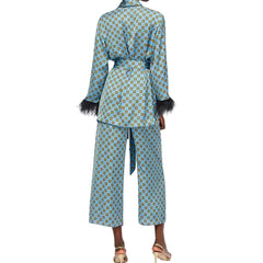 Women Kimono Jacket with Feather Detail + Pants Set