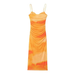Women Casual Pleated Printed Silk Mesh Dress