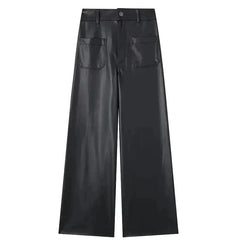 Women Casual Black Leather High Waist Wide Leg Pants