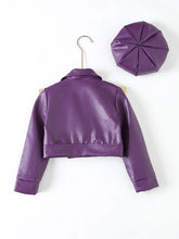 Kids Girl Ruffled Lapel Zipper Leather Motorcycle Jacket + Hat