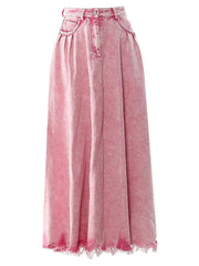 Women Casual High Waist Rose Red Long Skirt