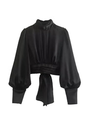 Women Black Satin Smock Crop Blouse