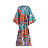 Women Star Floral Print Bat Sleeve Beach Kimono Dresses