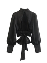 Women Black Satin Smock Crop Blouse
