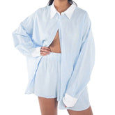 Women Striped Long Sleeve Button-down Shirt with Shorts Co Ords