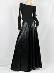 Women Black Winter Leather Flared A-line Skirt