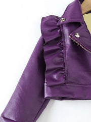 Kids Girl Ruffled Lapel Zipper Leather Motorcycle Jacket + Hat