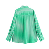 Women Green Long Sleeve Striped Collar Shirts