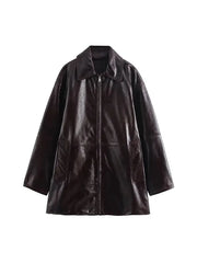 Women Leather High Waist A-line Skirt Suits
