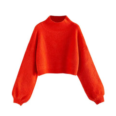 Women Thick Knitted Turtleneck Lantern Sleeve Short Pullover Sweater
