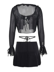 Women Sheer Chiffon Ruffle Tie Up Cardigan + Mini Skirt Outfits