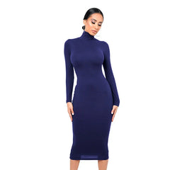 Women Velvet Slim Pullover Knitted High-Necked Long Sleeve Dress