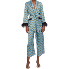 Women Print Kimono Jacket with Feather Detail Co Ords