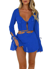 Women Sheer Chiffon Ruffle Tie Up Cardigan + Mini Skirt Outfits