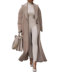 Women Casual Lapel Woolen Long Coat