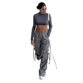 Women Casual Loose Wide-Leg Drawstring Cargo Pants