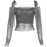 Women Boat Neck Mesh Long Sleeve Top