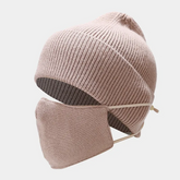 Accessories Winter Button Design Solid Color Knitted Hat And Mask Set