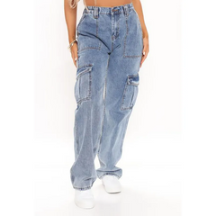Women Casual Multi-Pocket Straight Jeans Cargo Pants