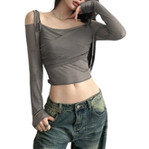 Women Boat Neck Mesh Long Sleeve Top