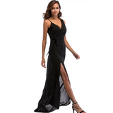 Women Black Deep V-Neck Sleeveless Long Split Dress