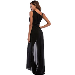 Women Black Deep V-Neck Sleeveless Long Split Dress