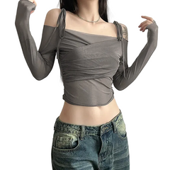 Women Boat Neck Mesh Long Sleeve Top