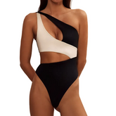 Women Black White Stitching Oblique Shoulder Hollow One-Piece Swimsuit