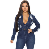 Women Casual Long Sleeve Button Rapped Denim Jumpsuits