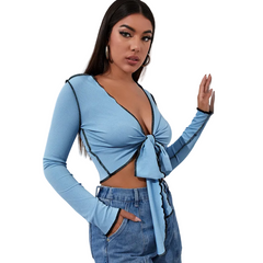 Women Bow Knotted Long-Sleeved Rib-Knit Crop Top