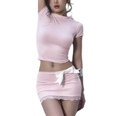 Women Casual Short Sleeve Top Slip Skirt Lingerie
