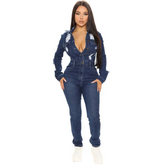 Women Casual Long Sleeve Button Rapped Denim Jumpsuits