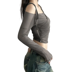 Women Boat Neck Mesh Long Sleeve Top