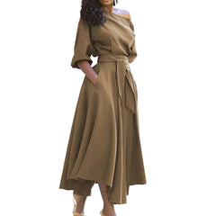 Women Casual Slant Shoulder Large Swing Dress